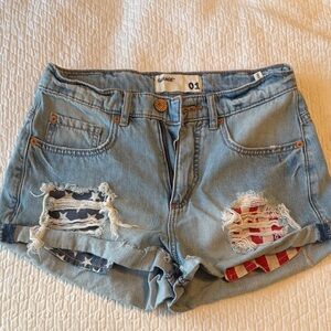Garage Blue Denim Shorts with Distressed American Flag Design